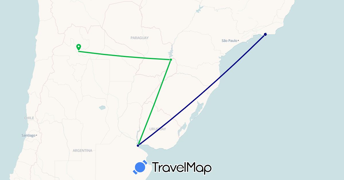 TravelMap itinerary: driving, bus in Argentina, Brazil (South America)